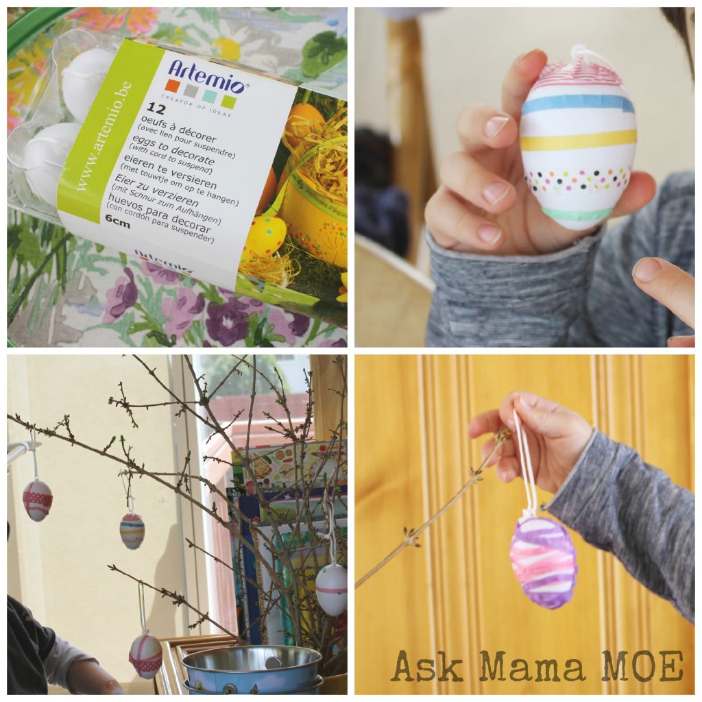 A collage featuring easter eggs being decorated using colorful washi tape