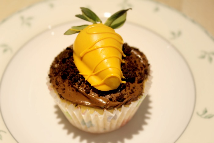 Easter cupcakes: a chocolate cupcake topped with a chocolate covered strawberry