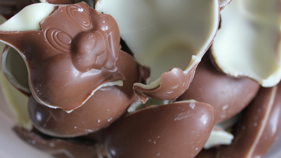 Close-up photo of Easter chocolate, broken up into large pieces