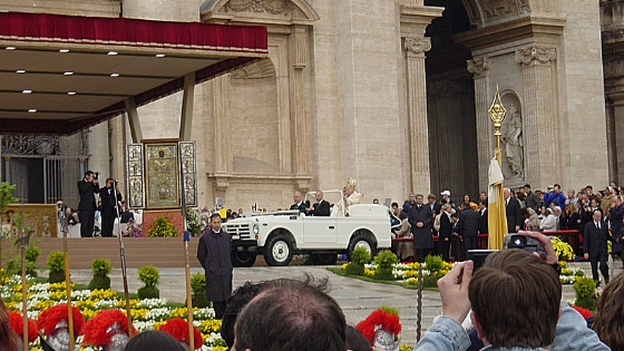 Pope John Paul II arriving in a white car at the alter for Easter Sunday mass at the Vatican.