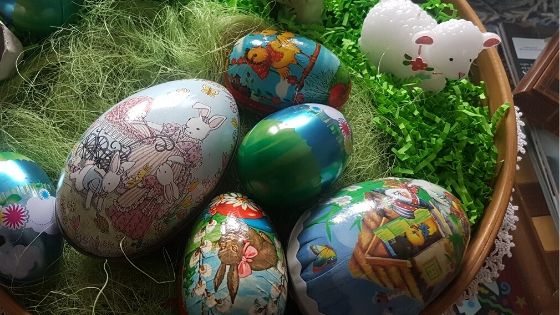 Colorful vintage Easter eggs in a basket