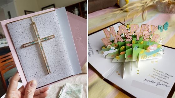 A graphic showing Hallmark Easter cards to send out for Easter holidays - the card on the left features a beautiful cross and the one to the right is a pop-up Easter card